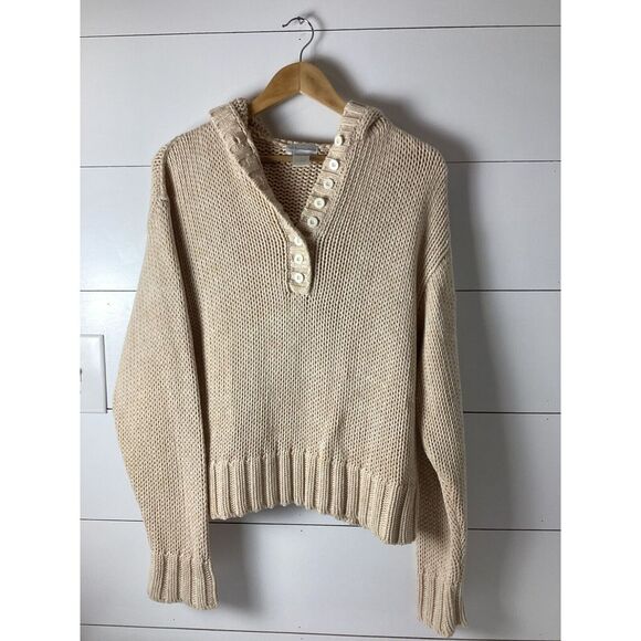 SOFT SURROUNDINGS Sweater Womens Medium Tan Hooded Chunky 100% Cotton Pullover - Picture 1 of 5